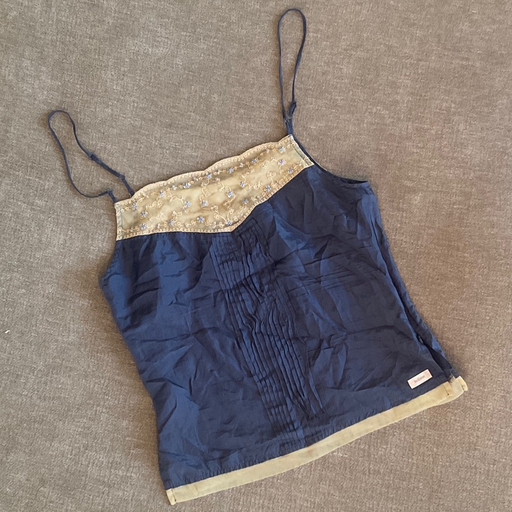 Vintage Y2K Hollister Blue and Cream Beaded Silk Camisole